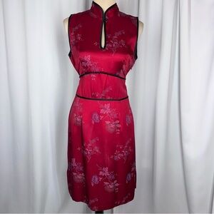 Vintage 90s Red Satin Asian Inspired Floral Dress Womens Size 8 USA Made